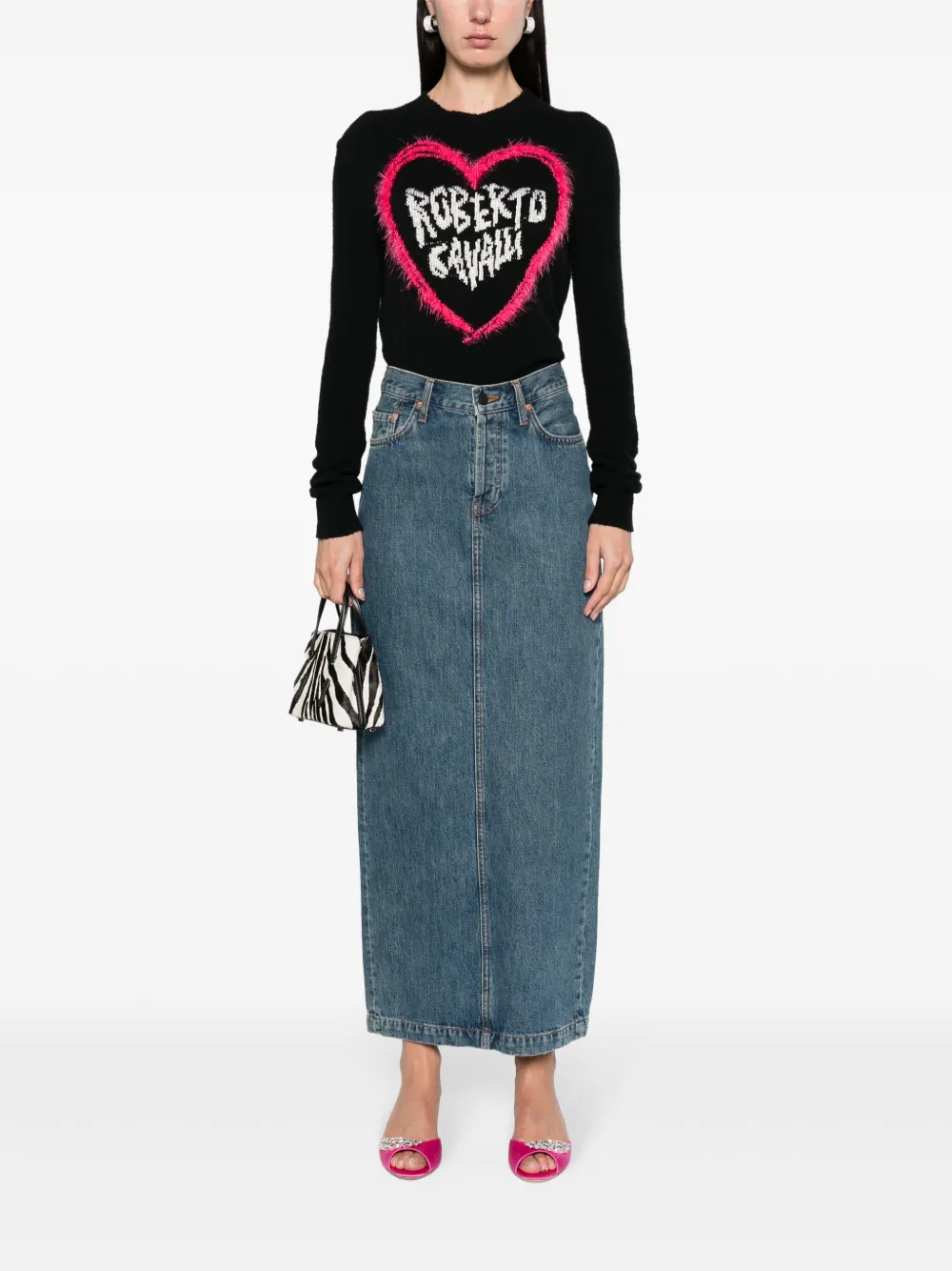 Roberto Cavalli Trui met intarsia logo - Zwart