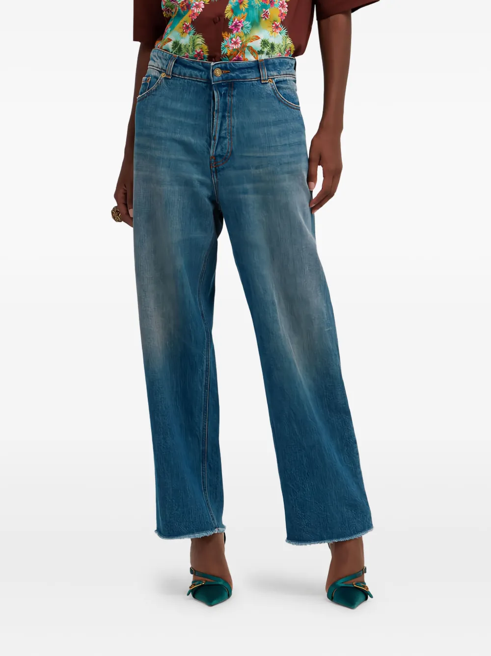 Roberto Cavalli embroidered-logo frayed-hem jeans - Blauw