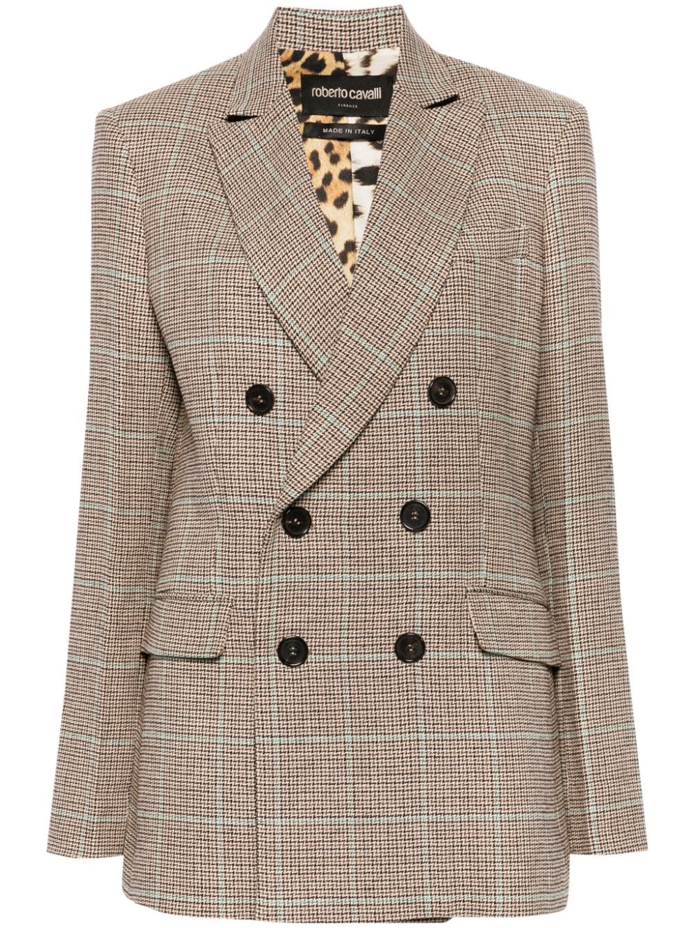 Roberto Cavalli Houndstooth Double-breasted Blazer In Brown