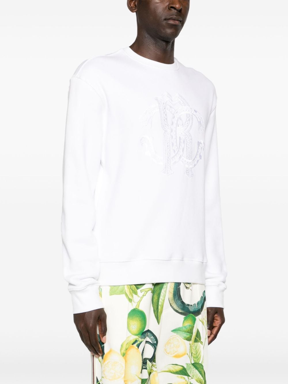 Shop Roberto Cavalli Logo-embroidered Cotton Sweatshirt In White