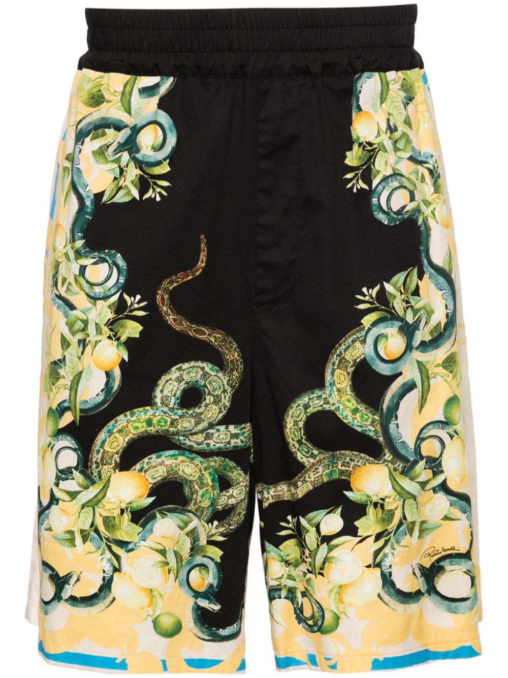 Roberto Cavalli Lemon And Snake-print Bermuda Shorts In Black