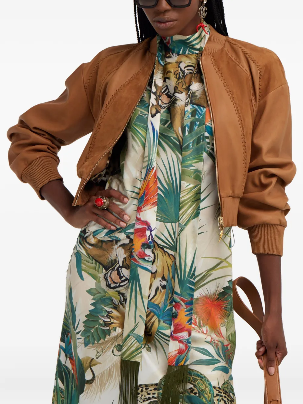 Roberto Cavalli Leather Bomber Jacket In Brown