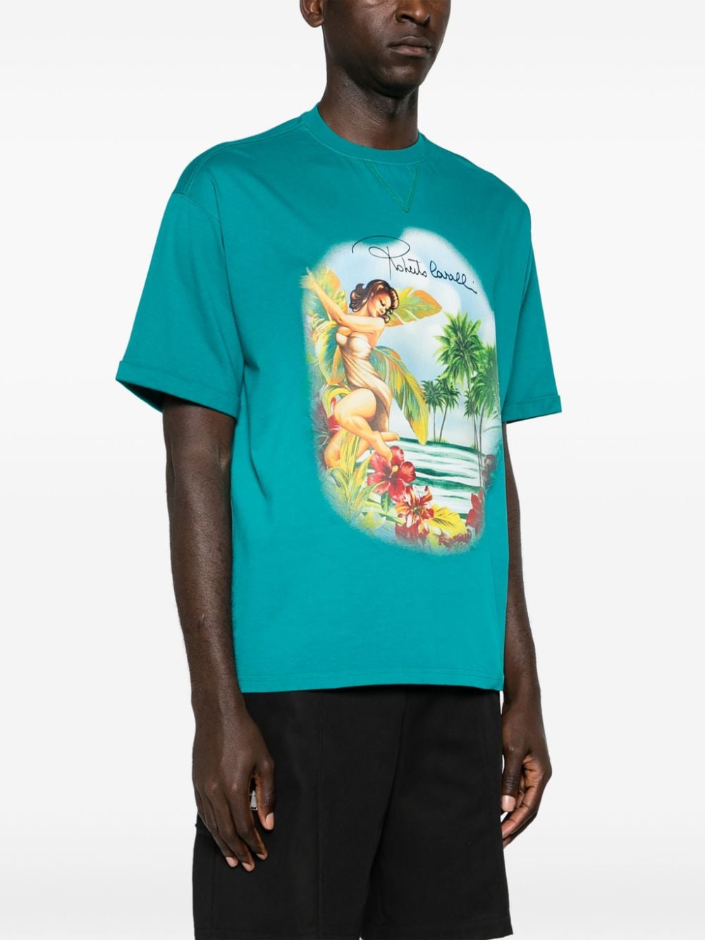 Shop Roberto Cavalli Hawaii-print Cotton T-shirt In Blue