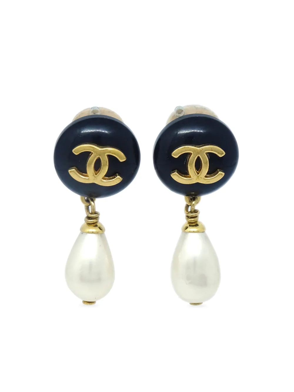 Pre-owned Chanel 1996 Cc Faux-pearl Drop Earrings In Black