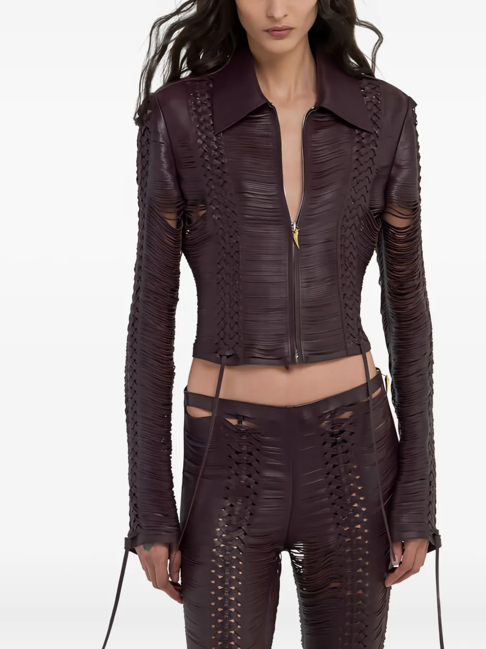 Roberto Cavalli Braided Leather Bomber Jacket In Brown