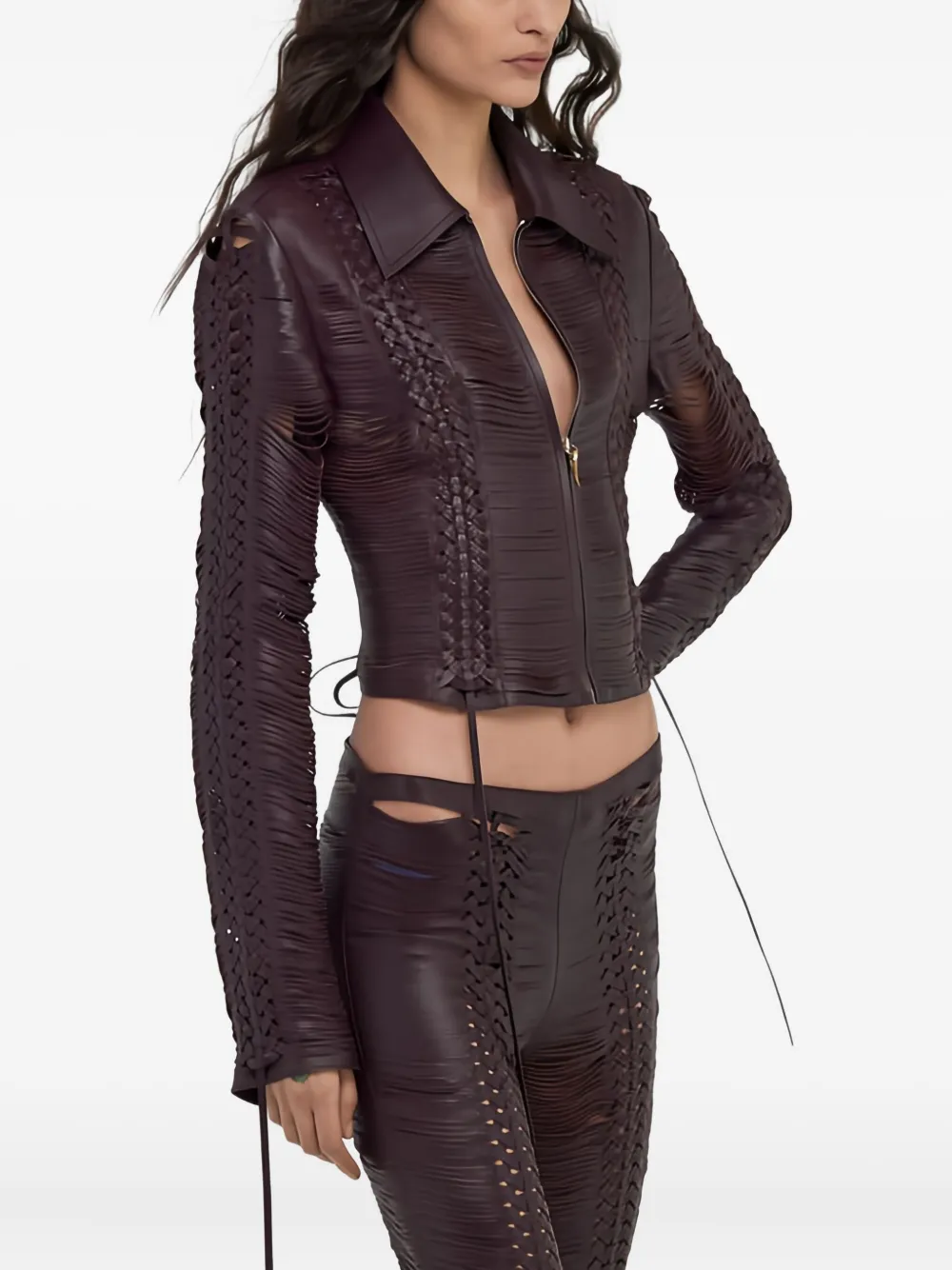 Roberto Cavalli Braided Leather Bomber Jacket In Brown