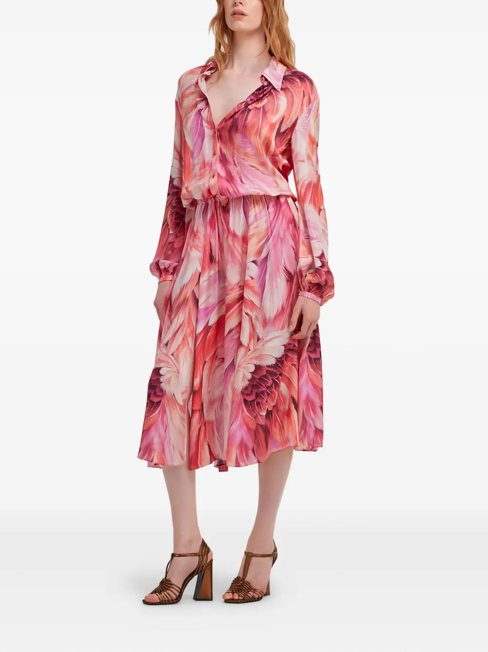 Roberto Cavalli Feather-print Button-down Midi Dress In Pink