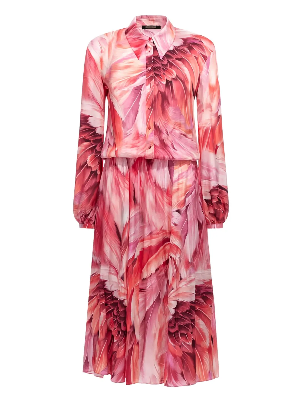 Roberto Cavalli Feather-print Button-down Midi Dress In Pink