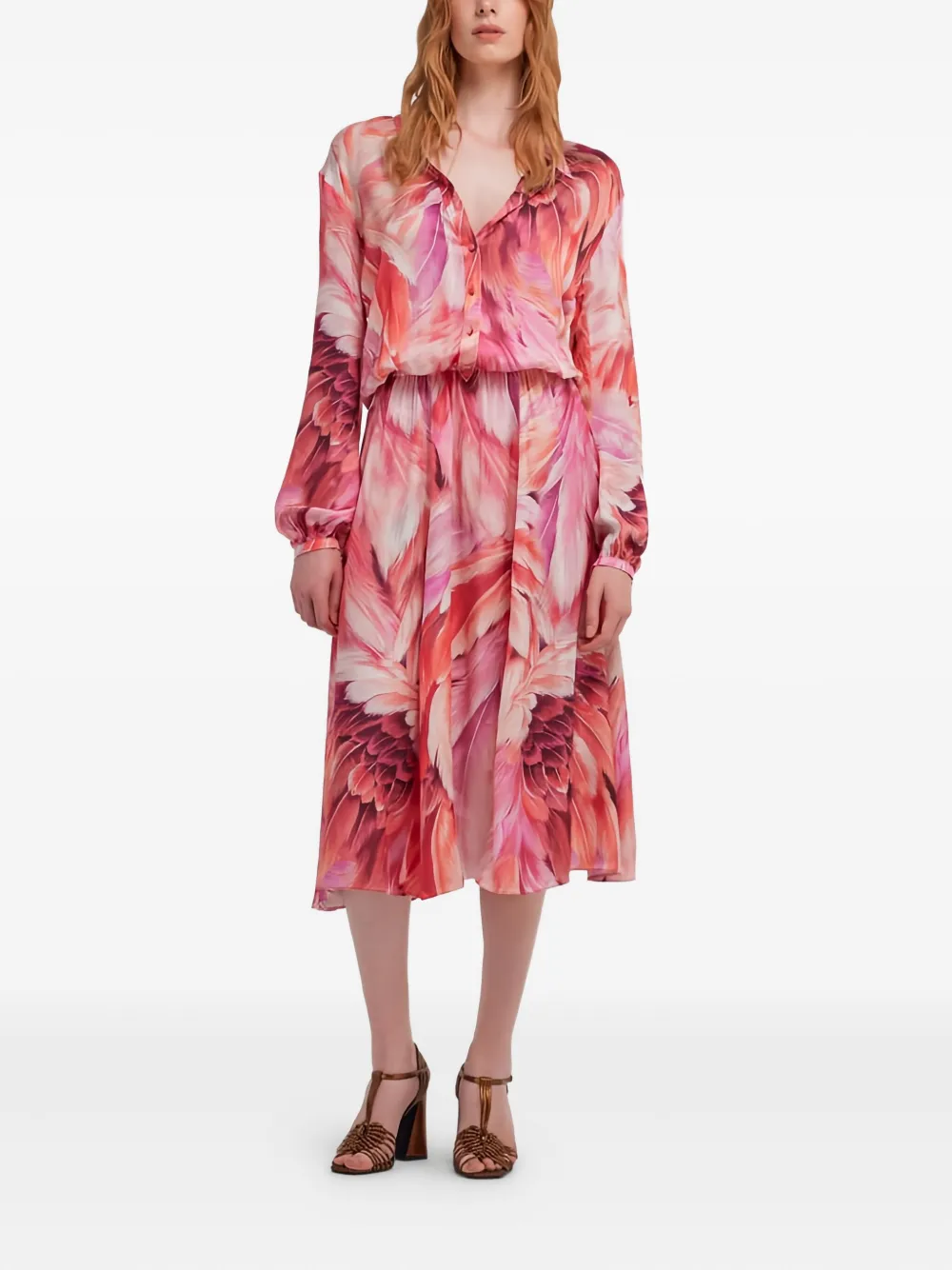 Roberto Cavalli Feather-print Button-down Midi Dress In Pink