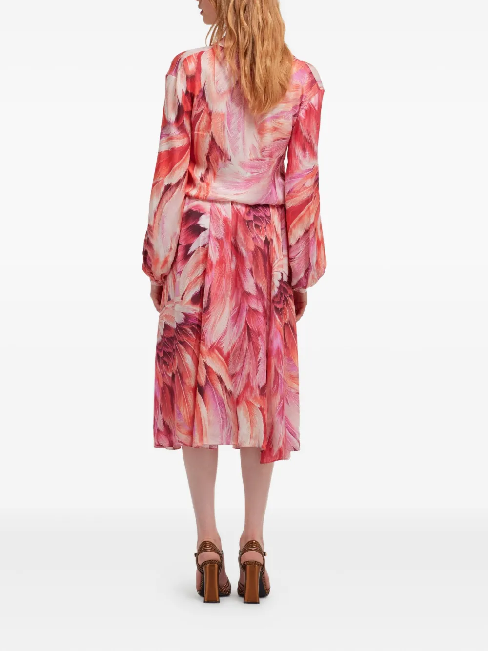 Roberto Cavalli Feather-print Button-down Midi Dress In Pink