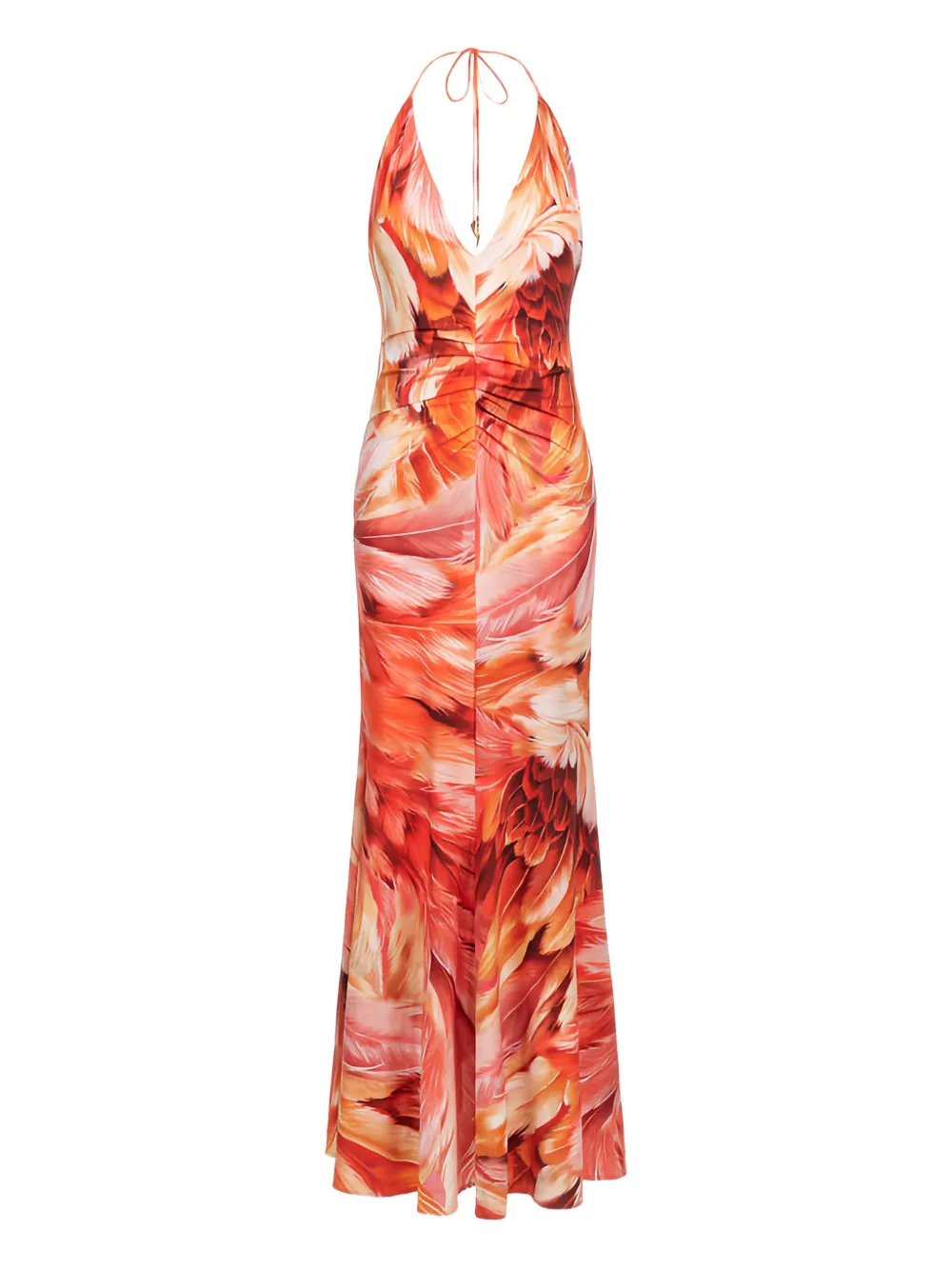 Roberto Cavalli Feather-print Halter-neck Maxi Dress In Multi