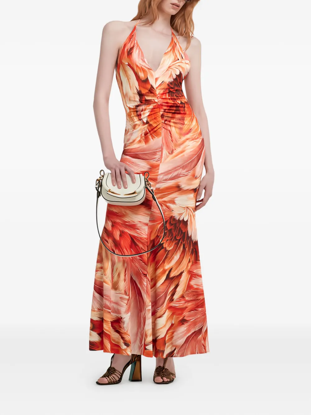 Roberto Cavalli Feather-print Halter-neck Maxi Dress In Multi