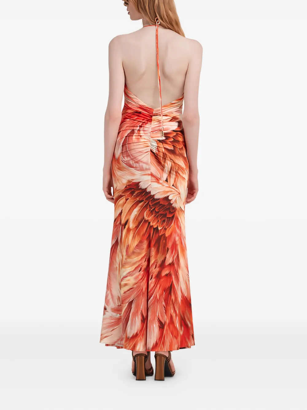 Roberto Cavalli Feather-print Halter-neck Maxi Dress In Multi
