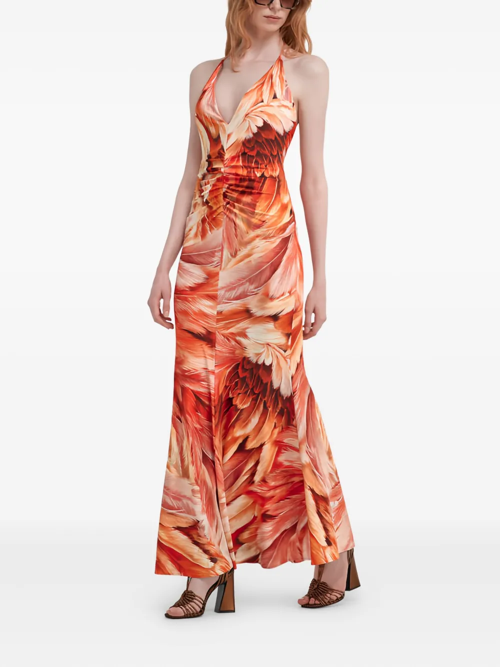 Roberto Cavalli Feather-print Halter-neck Maxi Dress In Multi
