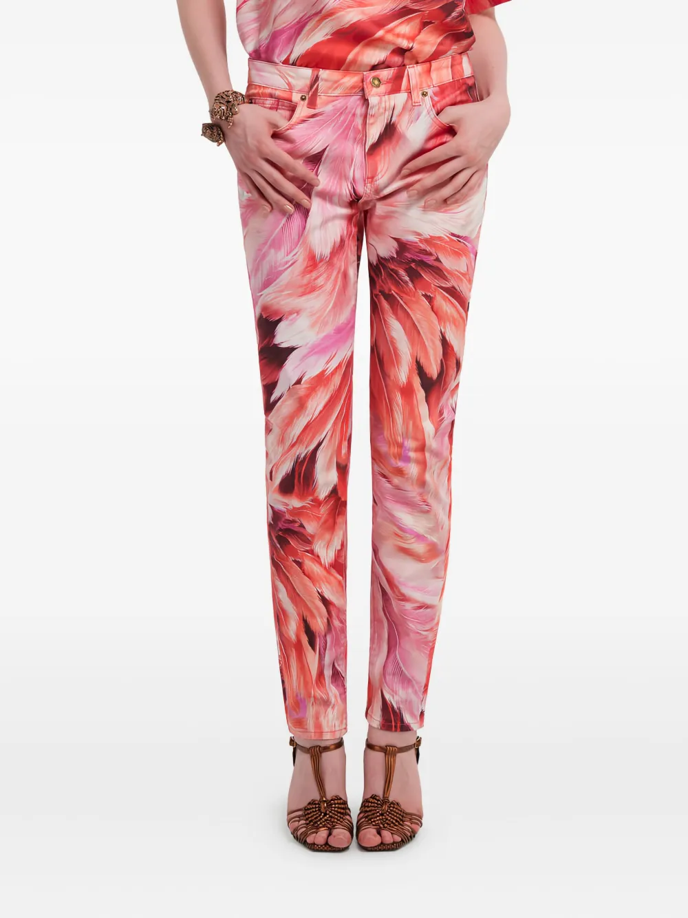 Roberto Cavalli Katoenen jeans met verenprint Roze