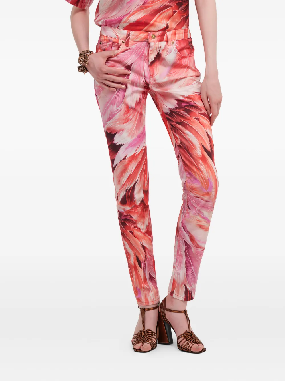 Roberto Cavalli Katoenen jeans met verenprint Roze