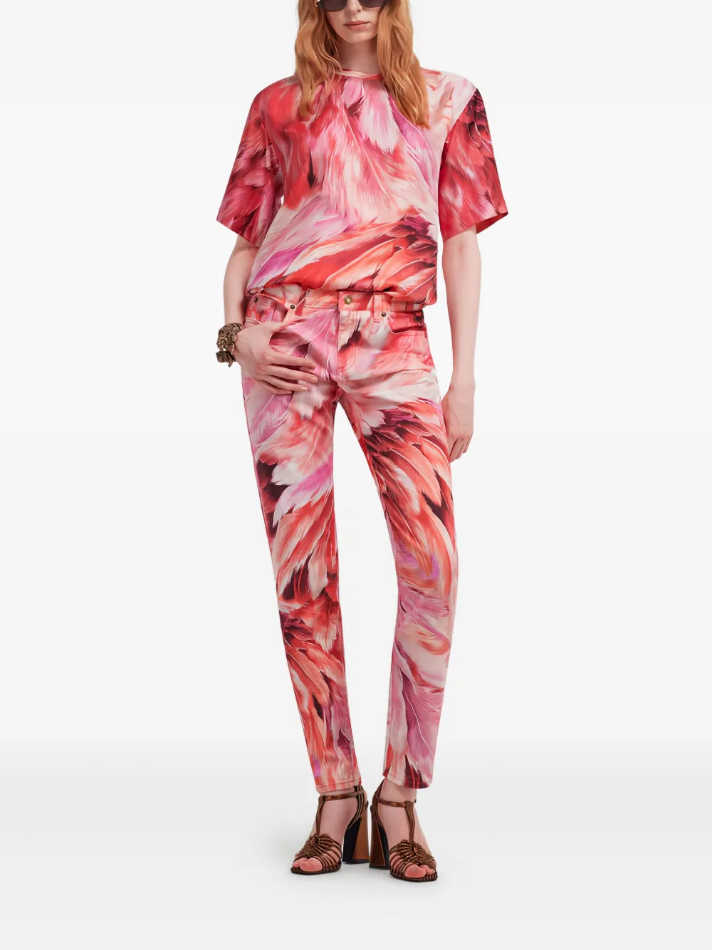 Roberto Cavalli feather-print cotton jeans - Roze