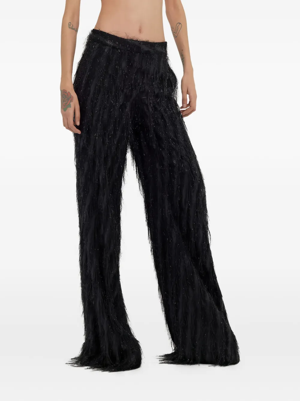 Roberto Cavalli Fringed Metallic-effect Trousers In Black