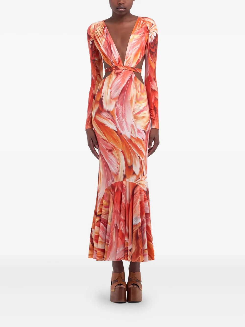 Roberto Cavalli Feather-print Cut-out Maxi Dress In Multi