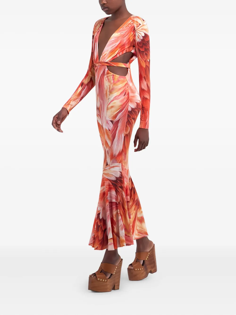 Roberto Cavalli Feather-print Cut-out Maxi Dress In Multi