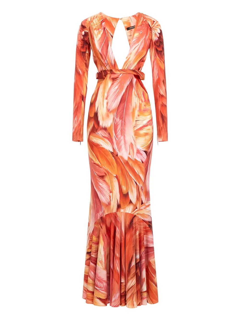 Roberto Cavalli Feather-print Cut-out Maxi Dress In Multi