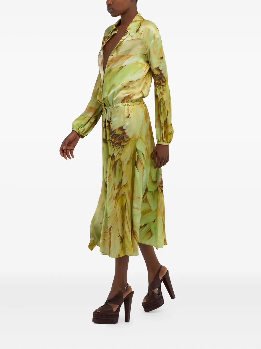 Roberto Cavalli Feather-print Midi Dress In Green