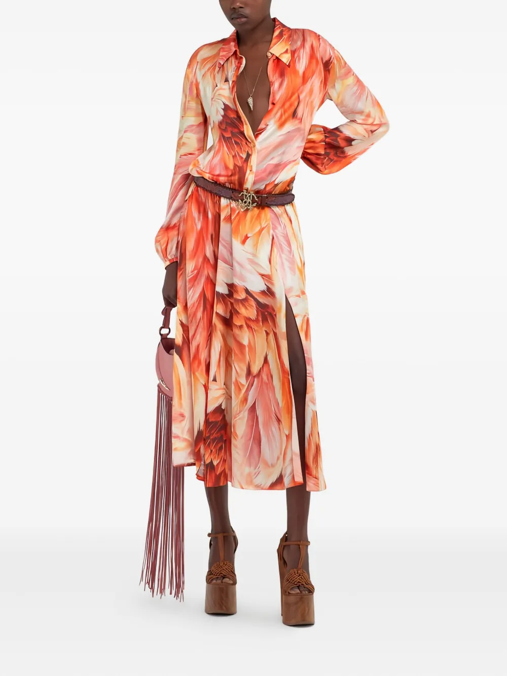 Roberto Cavalli plumage-print midi shirt dress - Oranje