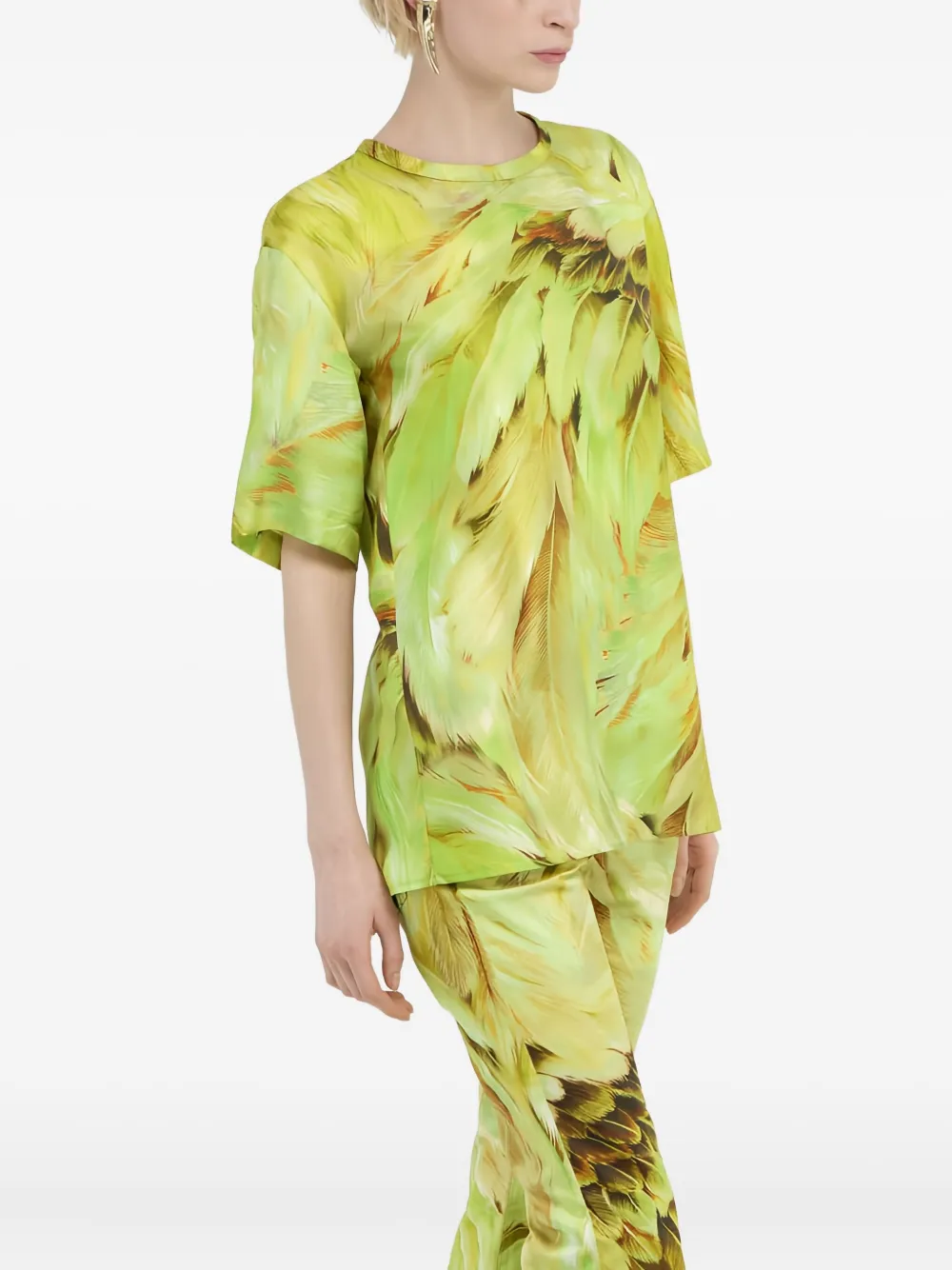 Roberto Cavalli Feather-print Silk T-shirt In Multi