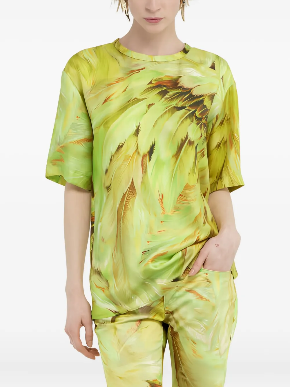 Roberto Cavalli Feather-print Silk T-shirt In Multi