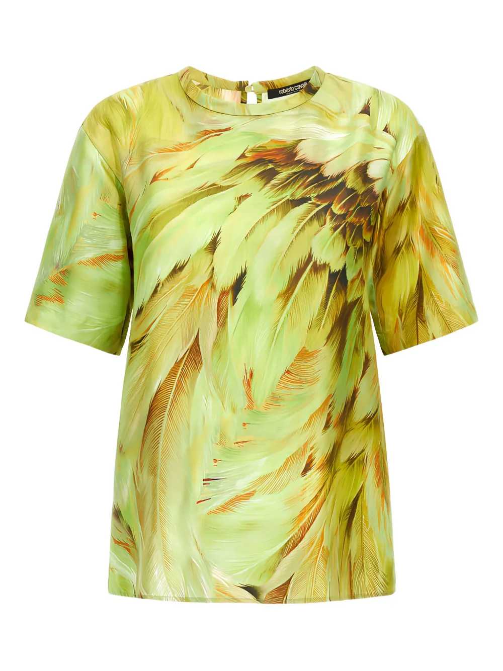 Roberto Cavalli Feather-print Silk T-shirt In Multi