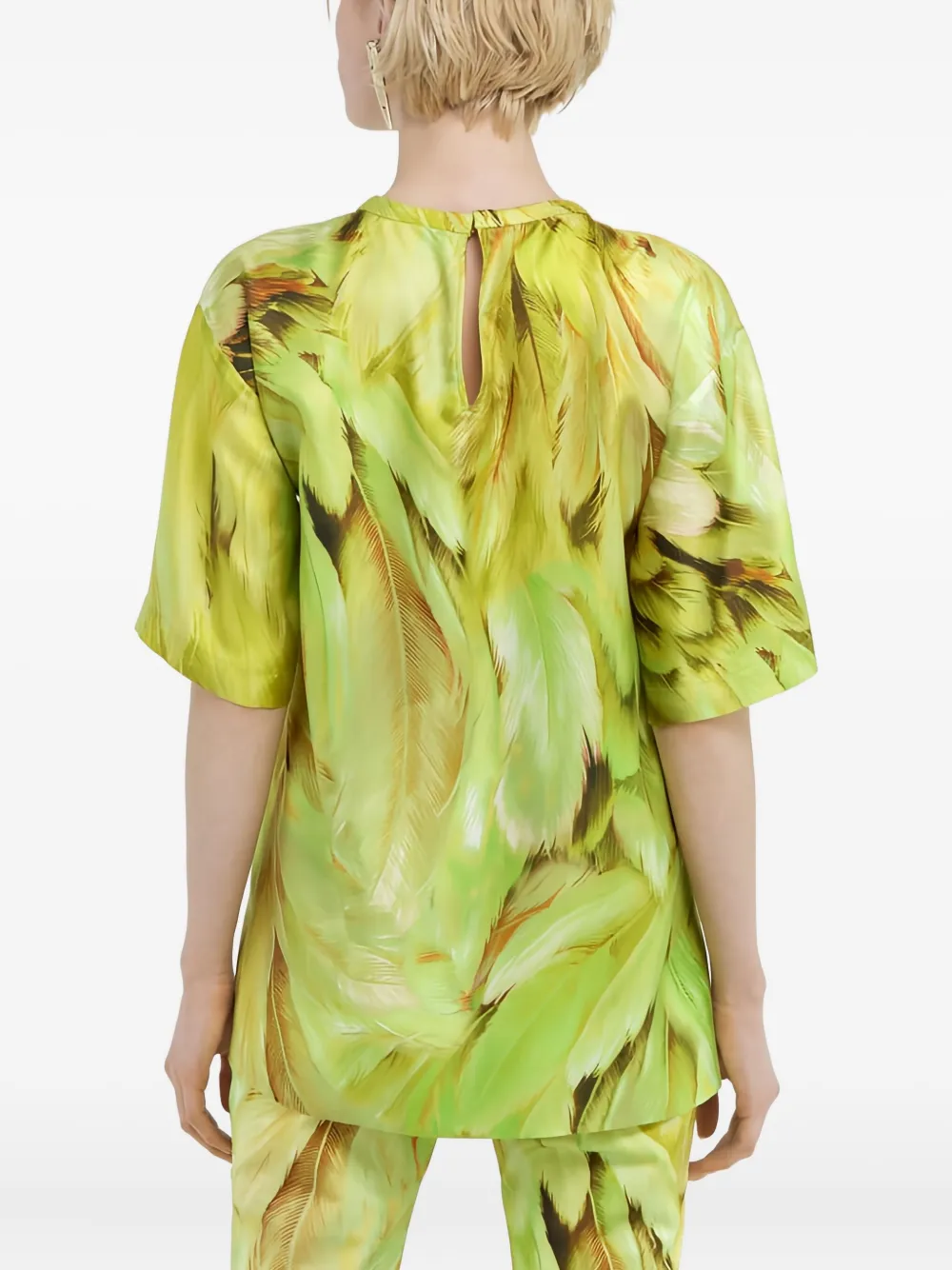 Roberto Cavalli Feather-print Silk T-shirt In Multi