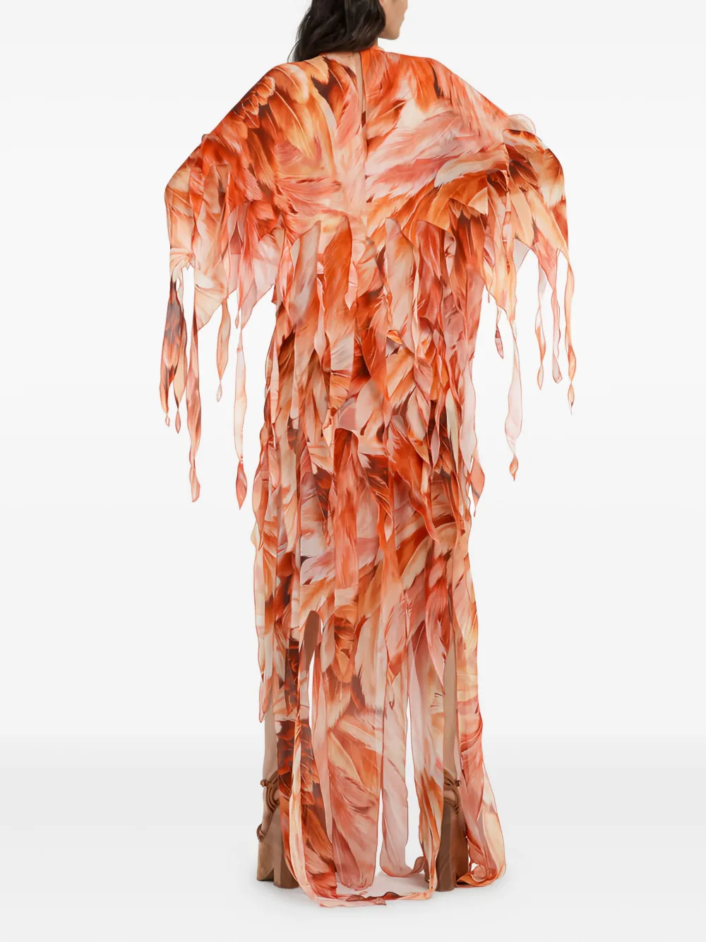Roberto Cavalli Maxi-jurk met veren-effect en patroon Oranje