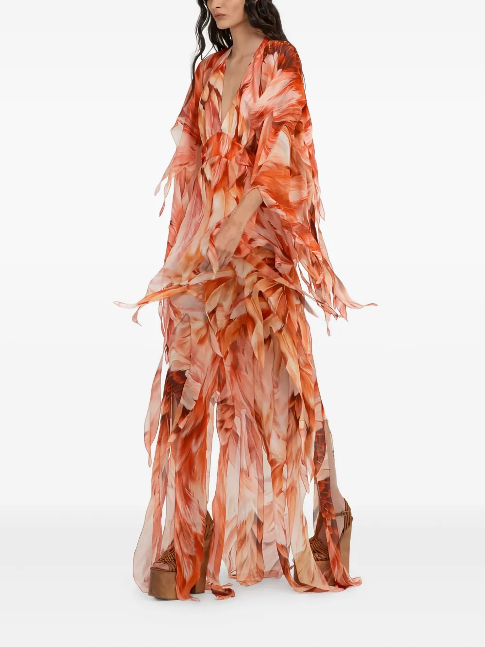 Roberto Cavalli Maxi-jurk met veren-effect en patroon Oranje