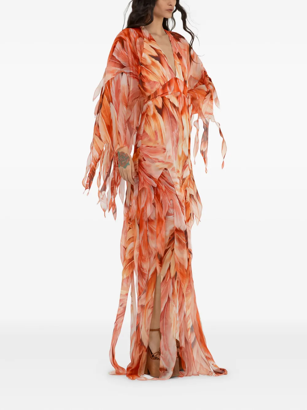 Roberto Cavalli Maxi-jurk met veren-effect en patroon Oranje