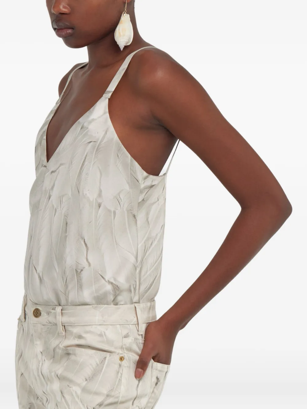Roberto Cavalli Feather-print Silk Tank Top In White