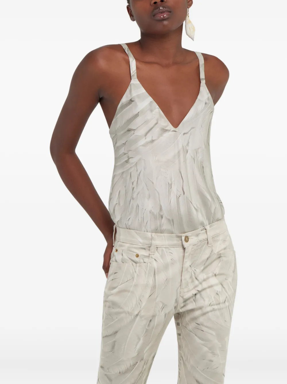Roberto Cavalli Feather-print Silk Tank Top In White