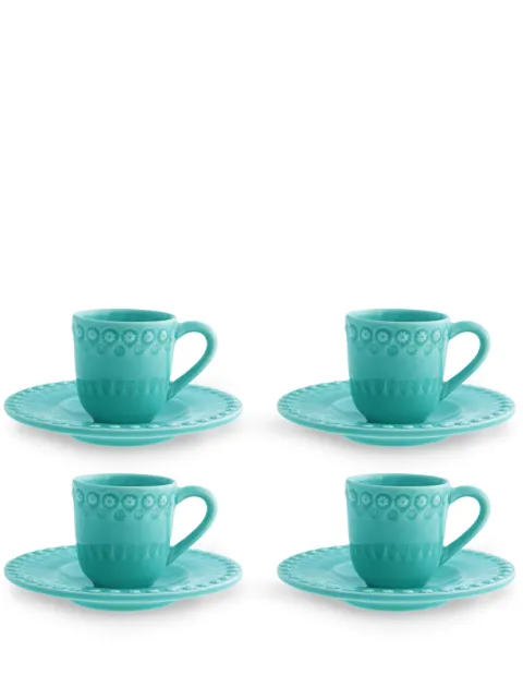 Bordallo Pinheiro set de cuatro tazas de café y plato Fantasia