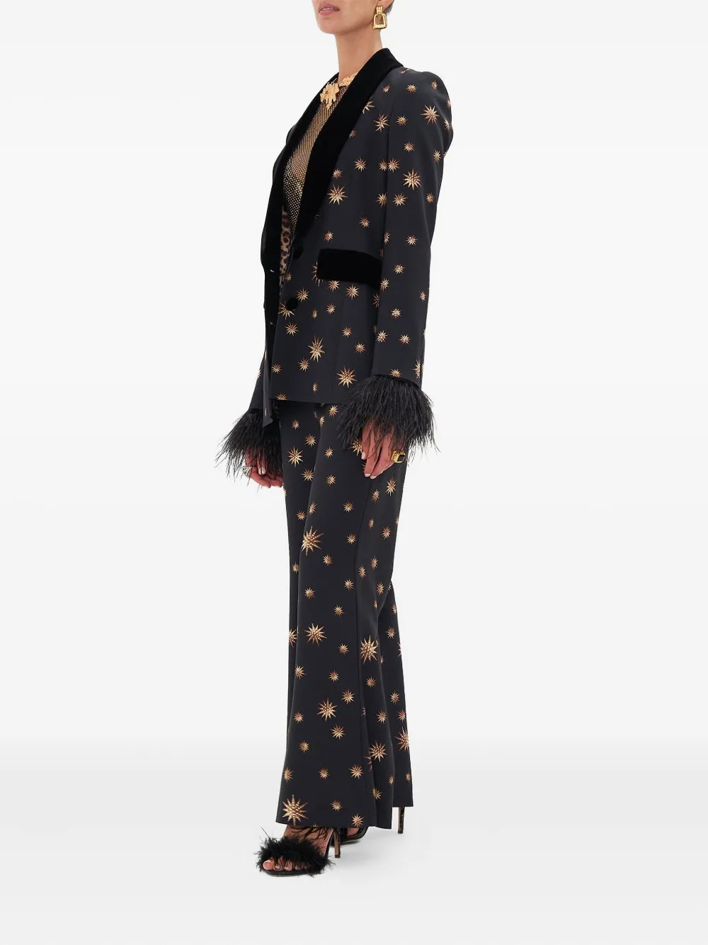 Camilla Blazer met sterrenprint en veren cuffs Zwart