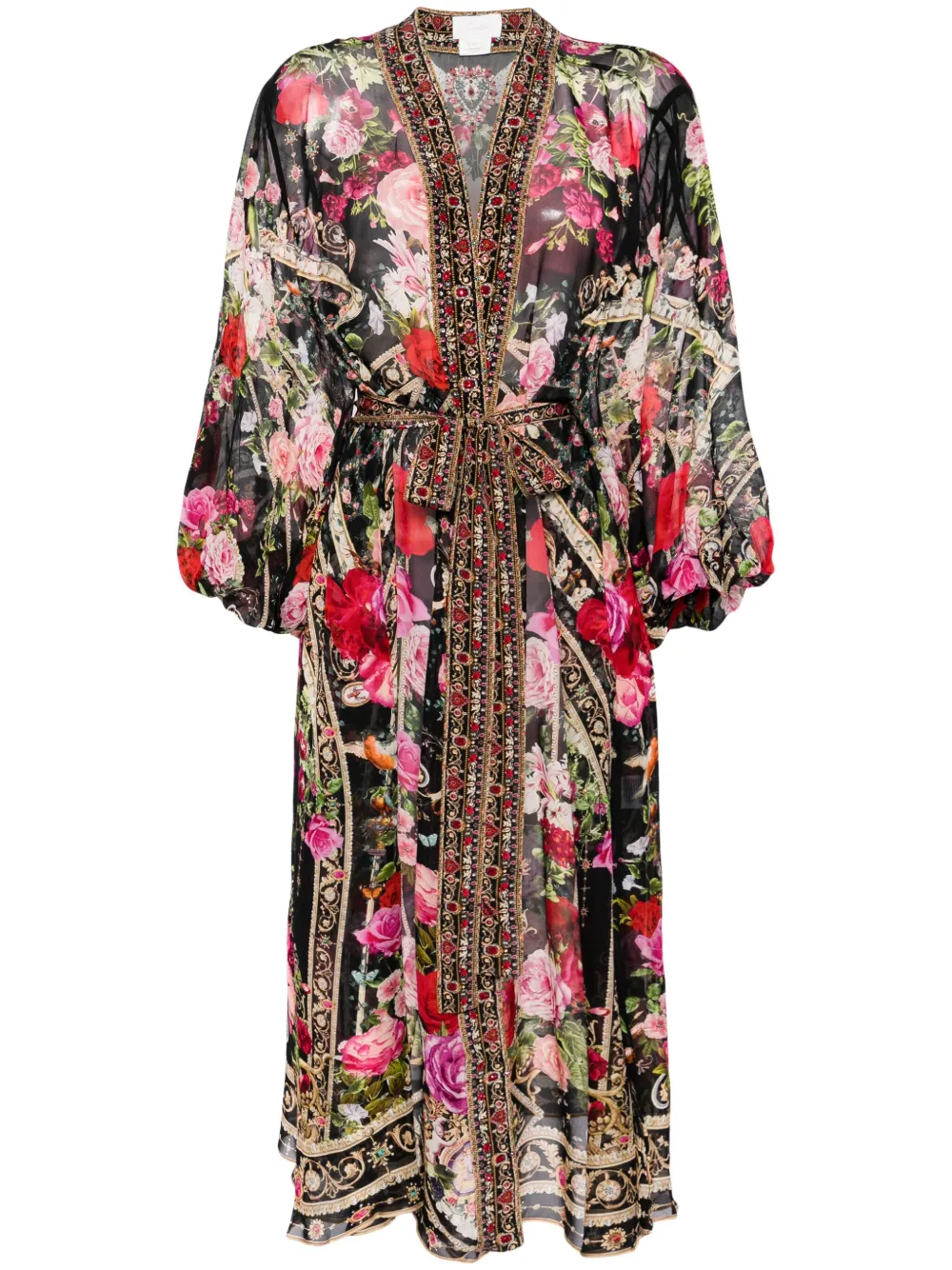 Camilla Floral-print Blouson-sleeve Poncho In Black