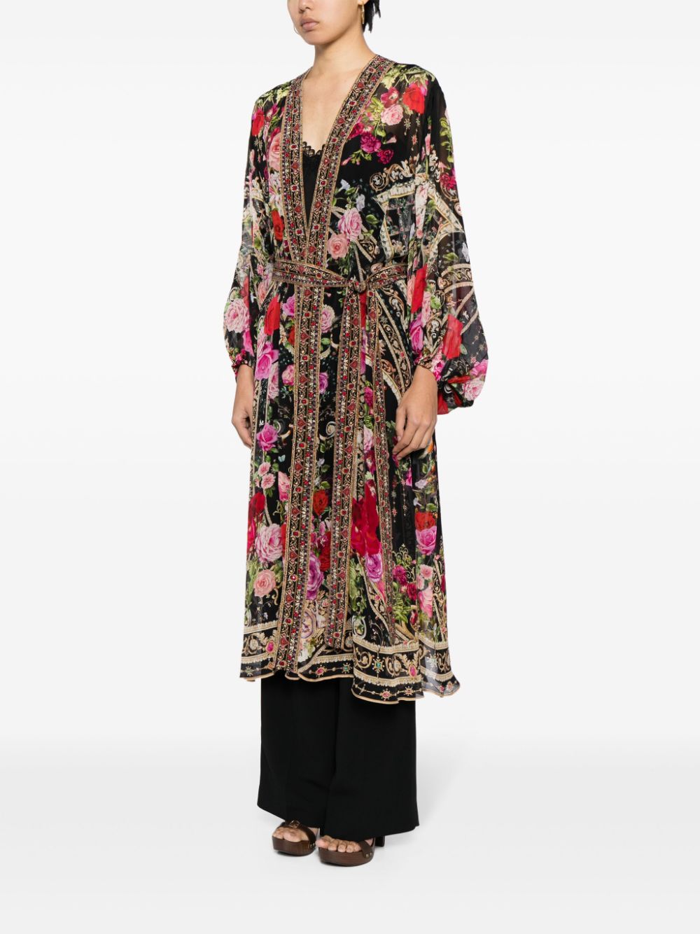 Shop Camilla Floral-print Blouson-sleeve Poncho In Black
