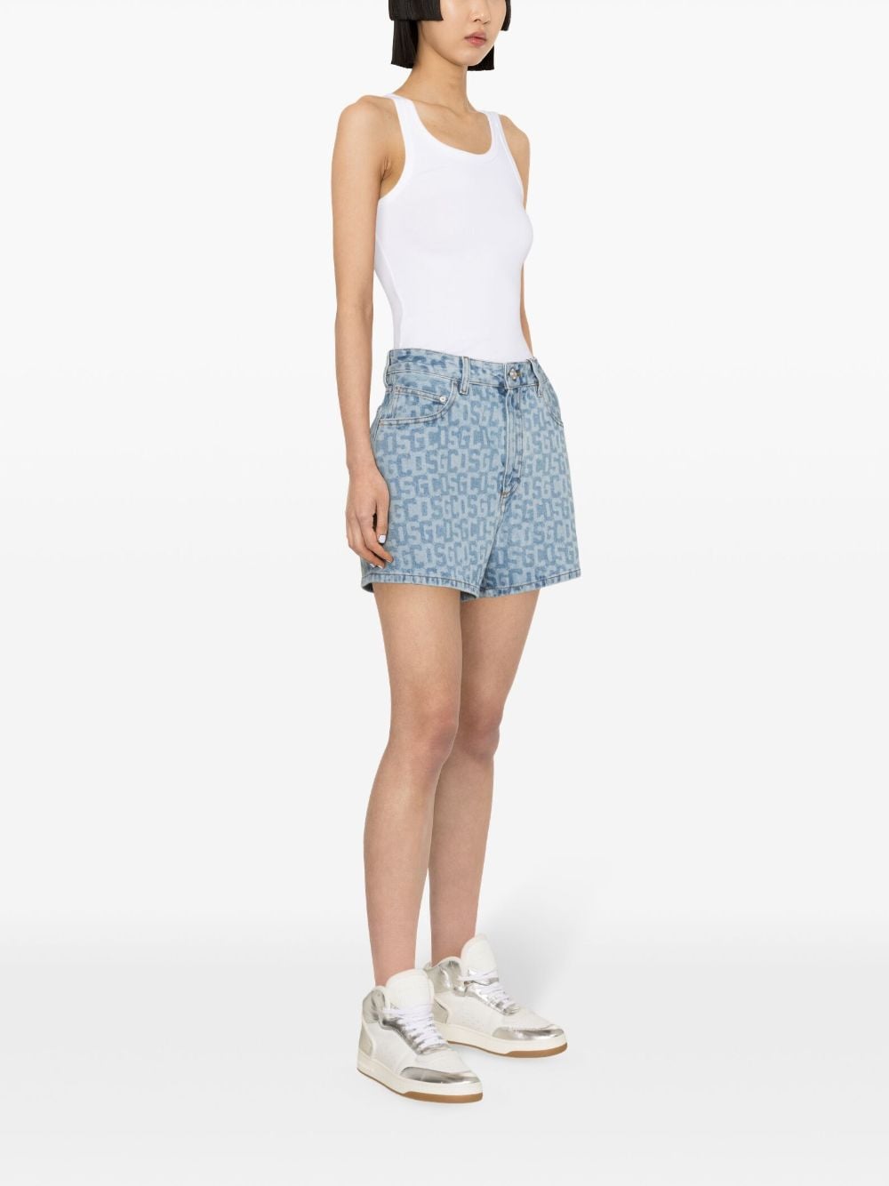 Shop Gcds Monogram High-rise Denim Shorts In Blue