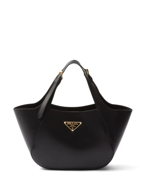 Prada medium enamel triangle logo leather tote bag