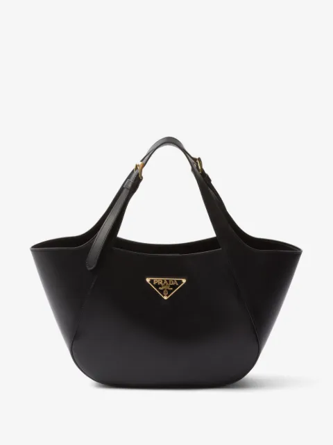 Prada medium enamel triangle logo leather tote bag