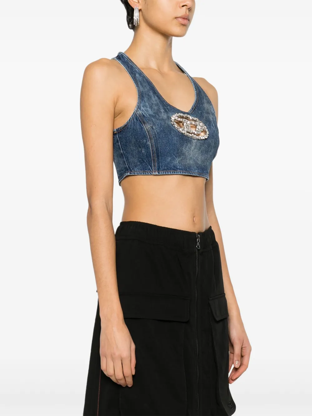 Diesel Denim Crop Top With Jewel Buckle In Blue