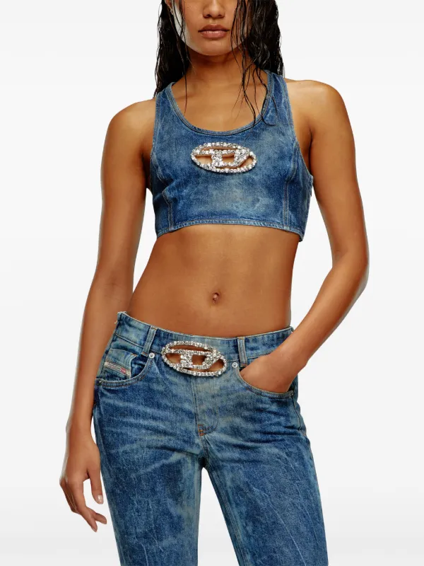 Tシャツ・カットソー DIESEL Embellished Denim De-Detop-Fse Crop-Top Diesel De-Top-Fsd crystal-embellished Top | Blue | FARFETCH SK