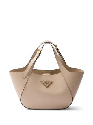 Prada Medium Enamel Triangle Logo Leather Tote Bag Neutrals FARFETCH PT