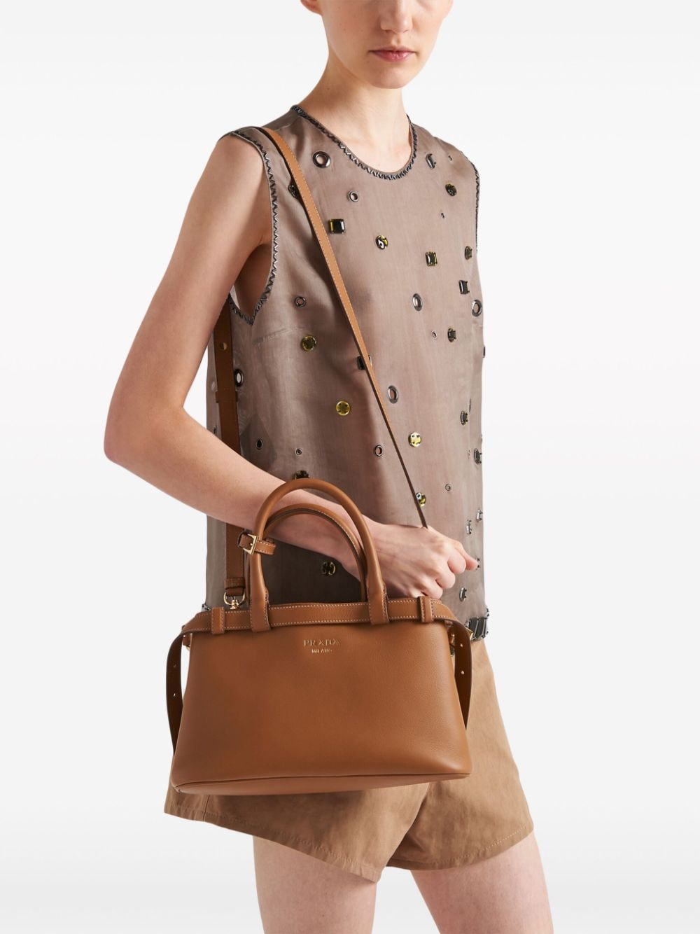 Shop Prada Small Belted Leather Two-way Bag In Brown