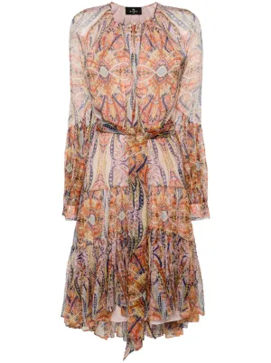 国内発 ETRO フローラルシルクシフォン長袖ミディドレス シフォンスリーブロングドレス(ピンク)CR1-377PI-3L | OTONA DRESS