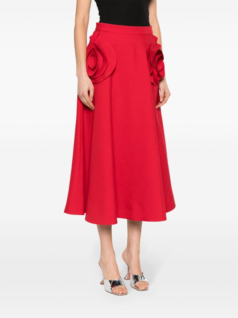 Shop Valentino Floral-appliqué Flared Midi Skirt In Red