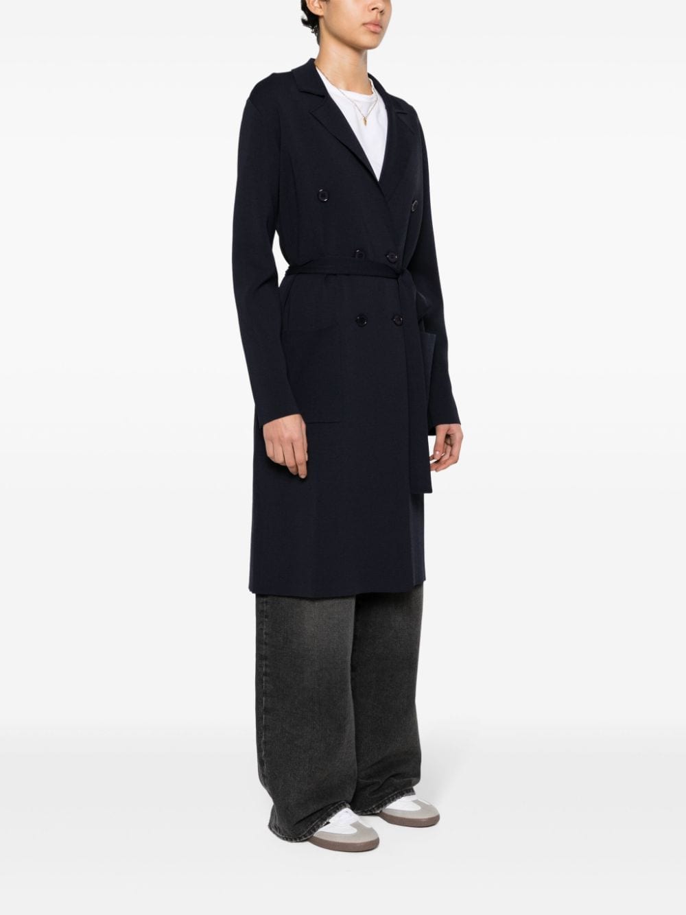 Shop P.a.r.o.s.h Knitted Double-breasted Midi Coat In Blue